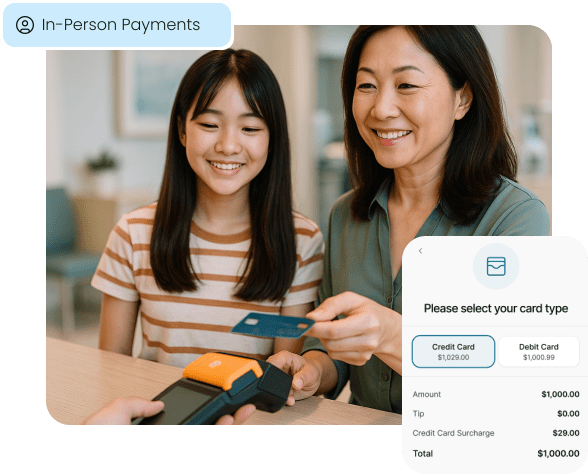 A patient makes a quick and easy contactless payment at a medical office, illustrating modern in-person payment solutions for healthcare practices.