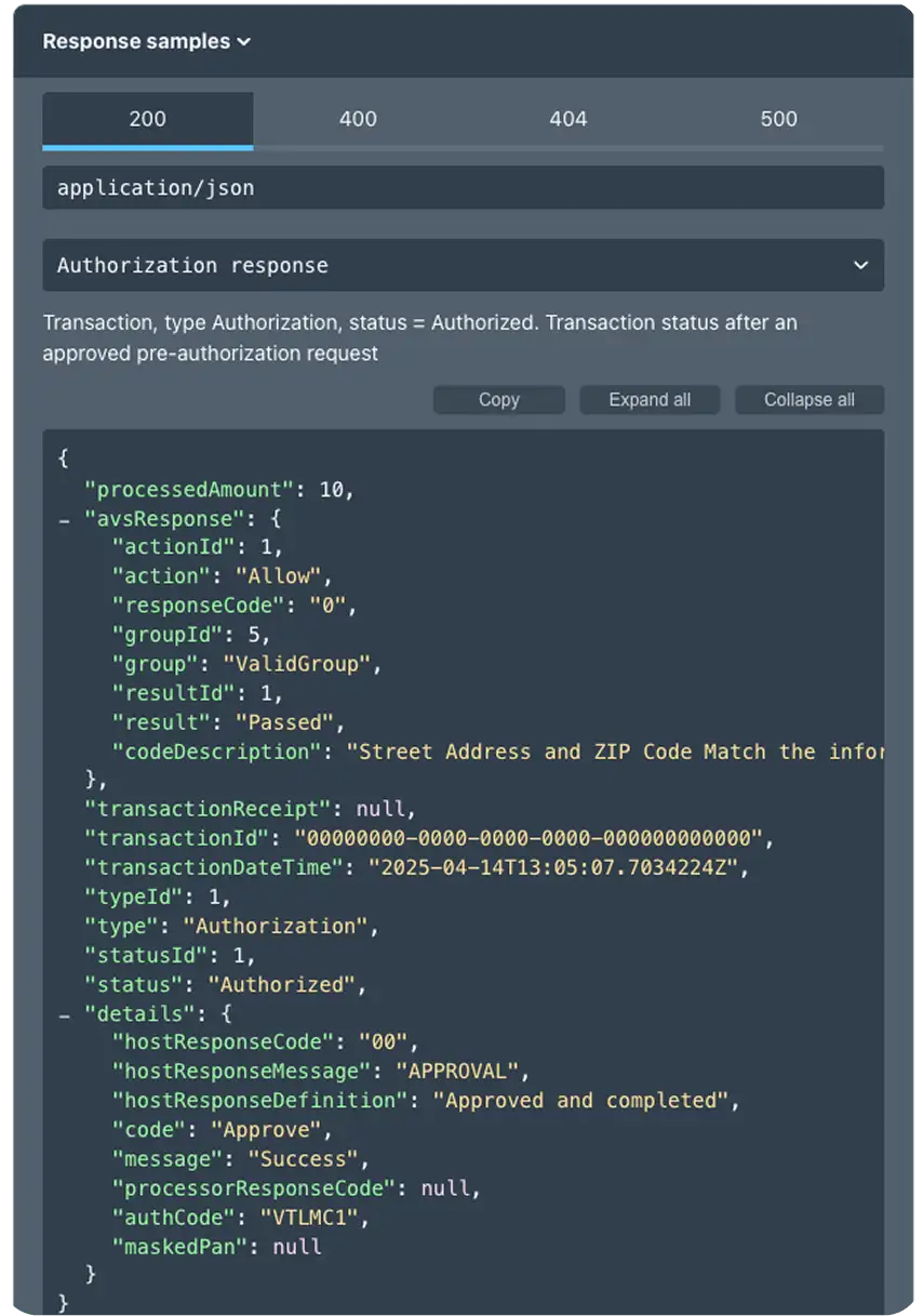 A successful (200) JSON response from our payment API for our ISV and software partners.