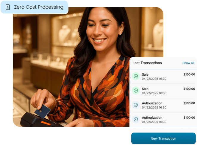 A customer makes a purchase in a jewelry store, while a transaction list illustrates how Zero Cost Processing eliminates credit card fees for jewelers.