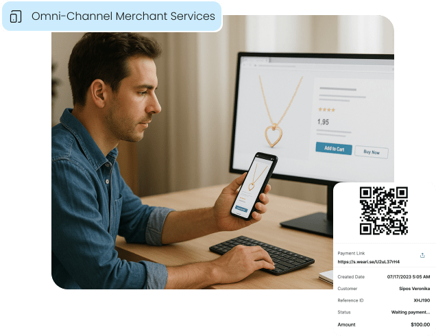 A customer shops for jewelry online across desktop and mobile devices, illustrating the seamless omni-channel payment solutions for jewelers.