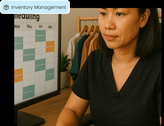 A retail manager reviews stock, illustrating the POS system's inventory management tools.