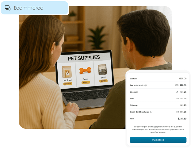 A couple shops for pet supplies on their vet clinic's online store, illustrating the ecommerce solutions for veterinary services.
