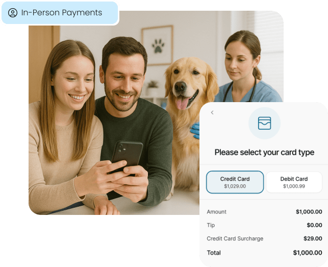 A couple with their dog review a bill on a smartphone with a veterinary technician, illustrating a modern in-person payment experience.