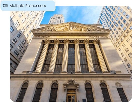 A financial building shows ISO partners get access to multiple payment processors with Aurora.