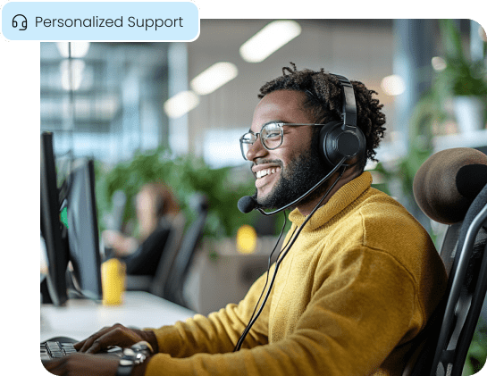 A friendly member of the Aurora Payments support team wearing a headset and smiling, representing the personalized support provided to all ISO partners.