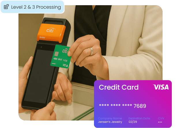 A business-to-business (B2B) credit card transaction, symbolizing the significant cost savings association members get with specialized Level 2 and Level 3 data processing from Aurora Payments.