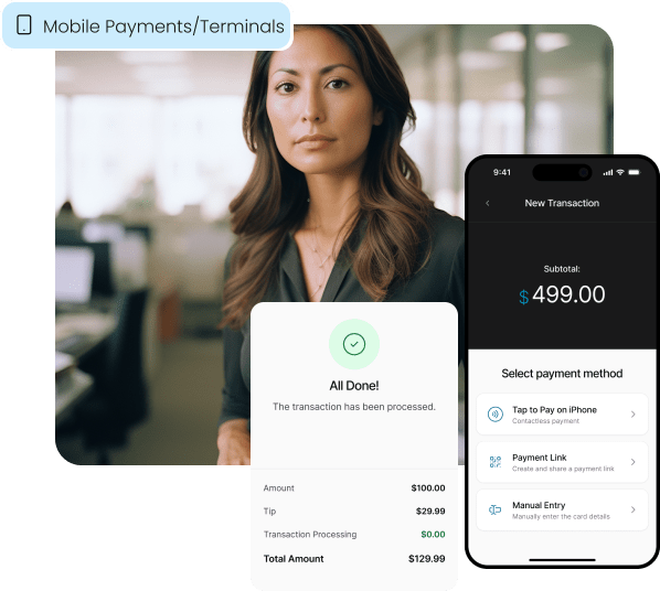 A confident business owner, representing an association member, with screens showing modern mobile payment technology, including Tap to Pay on iPhone and a zero-fee transaction receipt.