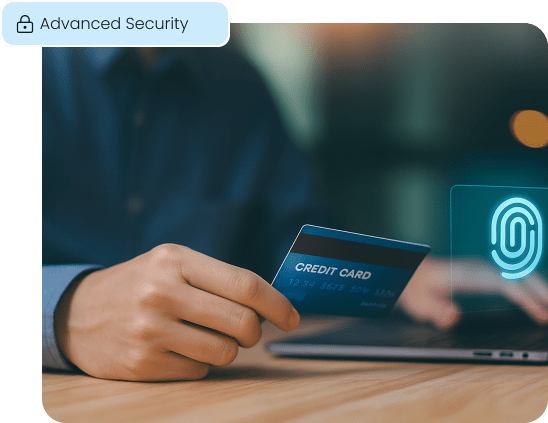 A futuristic fingerprint icon glows over a credit card transaction, symbolizing the advanced security and fraud protection that keeps small business merchants and their customers safe.