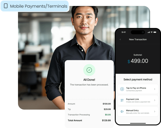 A confident small business owner is shown with the mobile POS app, illustrating how merchants can accept payments anywhere with features like Tap to Pay on iPhone.