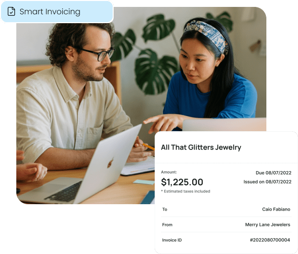 A professional digital invoice is shown over an image of two small business owners, illustrating how smart invoicing helps merchants get paid faster and manage billing.