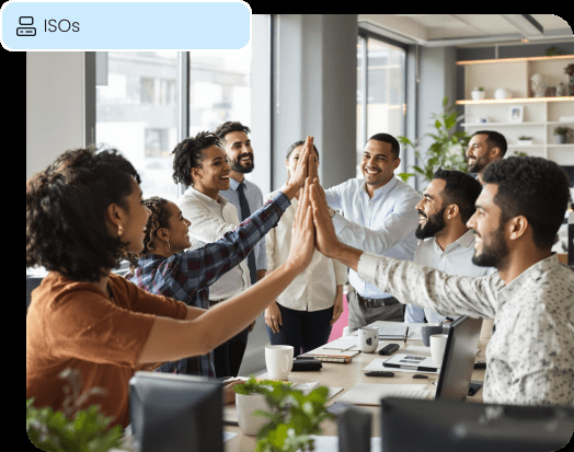 A team of successful ISO partners celebrates, representing the growth achieved with our CRM.