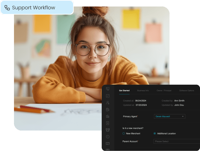 The RISE CRM's support workflow screen for managing merchant accounts, shown over a portrait of a satisfied merchant, demonstrating the platform's robust support tools for partners.