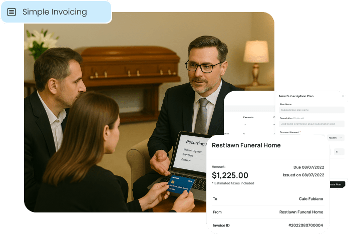 A funeral director reviews an itemized digital invoice with a family, illustrating the simple invoicing and payment plan features for the death care industry.