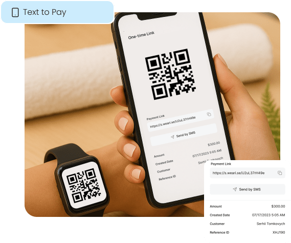 A smartphone displays a QR code and a one-time payment link, illustrating the Text to Pay feature which allows for discreet, remote payments in the death care industry.
