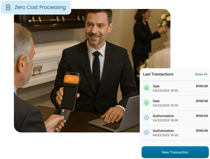 A funeral director processes a payment, with a transaction list overlay illustrating how Zero Cost Processing can eliminate credit card fees for death care businesses.
