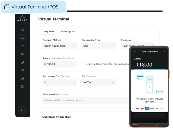 The ARISE Virtual Terminal interface for processing online and phone orders, shown with a mobile POS device to illustrate a unified ecommerce and in-person payment solution.