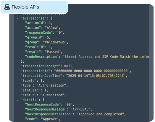 A clean JSON response from our payment gateway, illustrating the flexible APIs that allow developers to easily create embedded payment experiences.