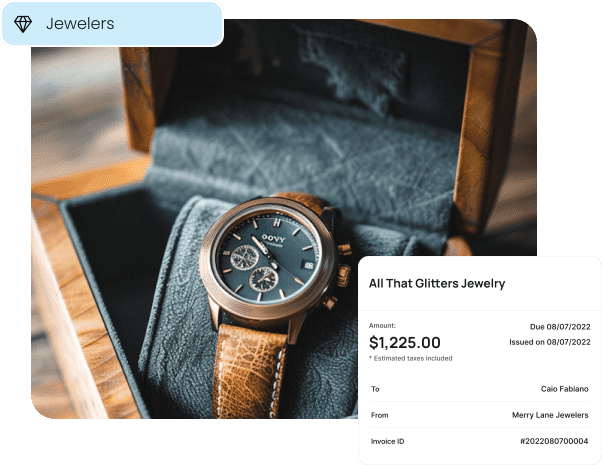 A luxury watch in its presentation box, shown with a corresponding digital invoice, demonstrating how jewelers use embedded payments for high-value transactions.