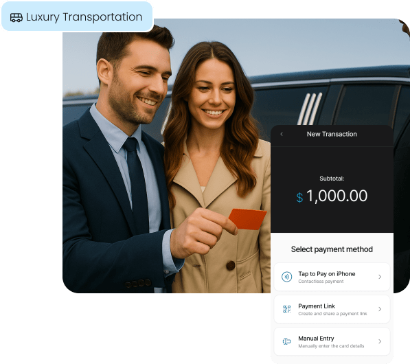 A chauffeur accepts payment from a client in front of a luxury vehicle, while a mobile app overlay shows a high-value transaction, illustrating embedded payments for the luxury transportation industry.