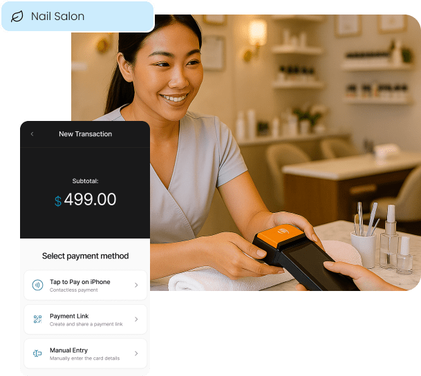 A nail technician accepts a payment using a mobile POS, with an app screen overlay showing options like "Tap to Pay on iPhone," illustrating how embedded payments work for salons.