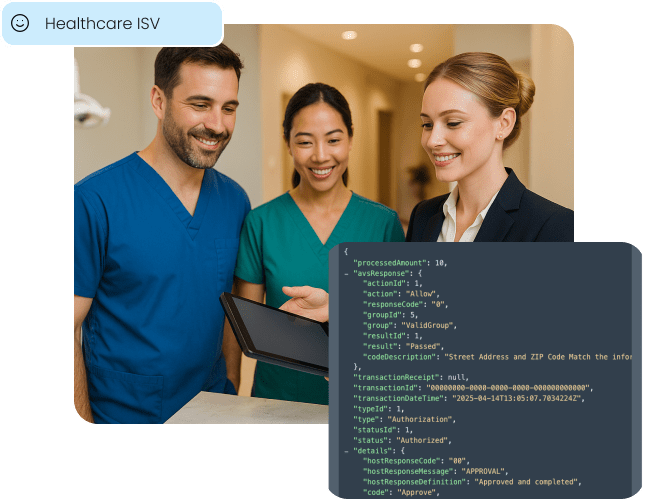 A team of healthcare professionals reviews patient information on a tablet, with an overlay of a clean API response, illustrating our seamless payment integration for Healthcare ISV partners.
