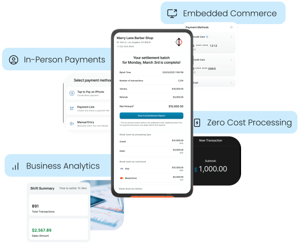 Aurora's mobile platform: in-person & embedded payments, zero-cost processing & business analytics.