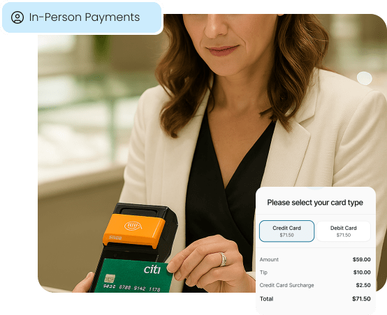 A customer completes an in-person payment by inserting a credit card into a POS terminal, with a screen overlay showing a credit card surcharge, demonstrating Aurora Payments' versatile POS solutions.