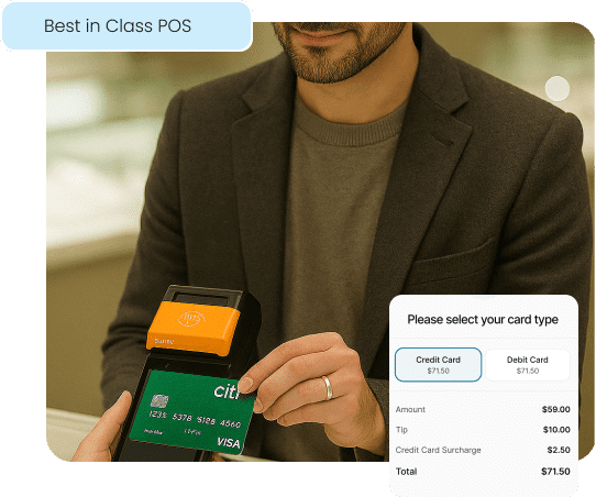 A customer completes a transaction on a modern terminal, illustrating the best-in-class Point-of-Sale (POS) hardware and software from Aurora Payments.