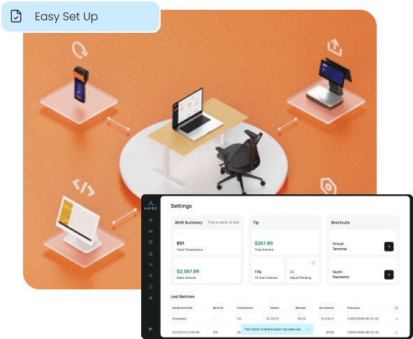 An illustration of the easy setup process, showing various POS terminals and software syncing seamlessly with the central ARISE reporting dashboard for integrated payment management.