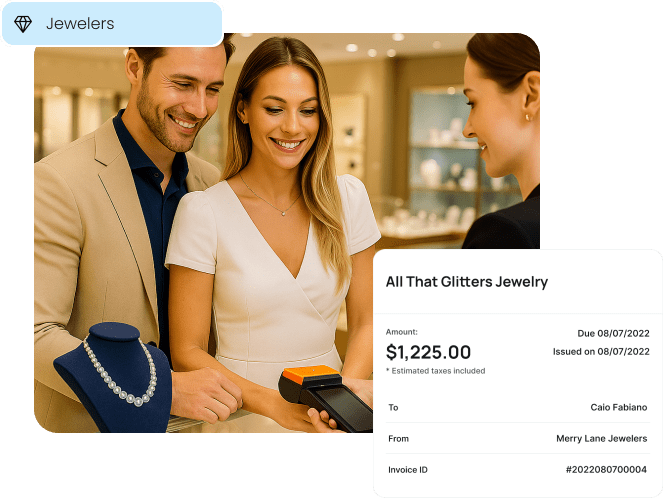 A couple purchases a necklace in a jewelry store, using a modern POS terminal for the high-value in-person transaction.