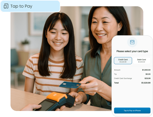 A customer uses the Tap to Pay feature on a POS terminal to make a contactless payment, illustrating a key feature of Aurora Payments' in-person solutions.