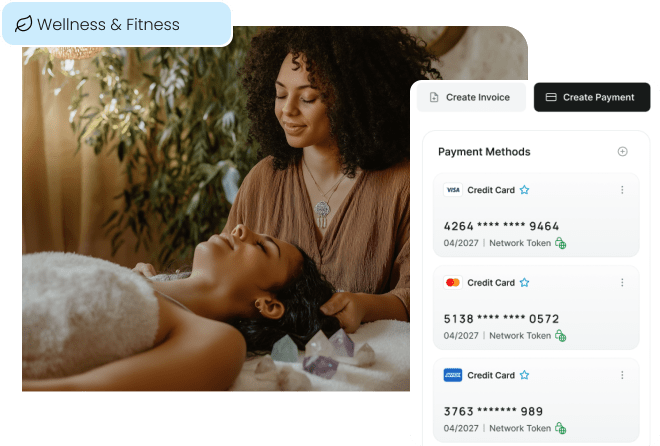 A wellness professional with a client, illustrating how in-person payments are simplified by using securely stored, tokenized payment methods for recurring appointments and memberships.