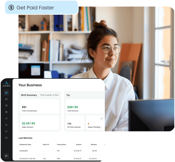 A business owner looks on as the ARISE reporting dashboard shows fast payment settlements, illustrating how digital invoicing helps businesses get paid faster.