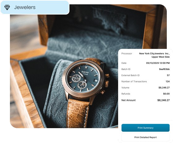 A luxury watch shown alongside a detailed batch report, illustrating the powerful reporting and settlement features of the invoicing platform for jewelers.