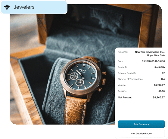 A luxury watch and batch report, illustrating the platform's reporting and settlement for jewelers.