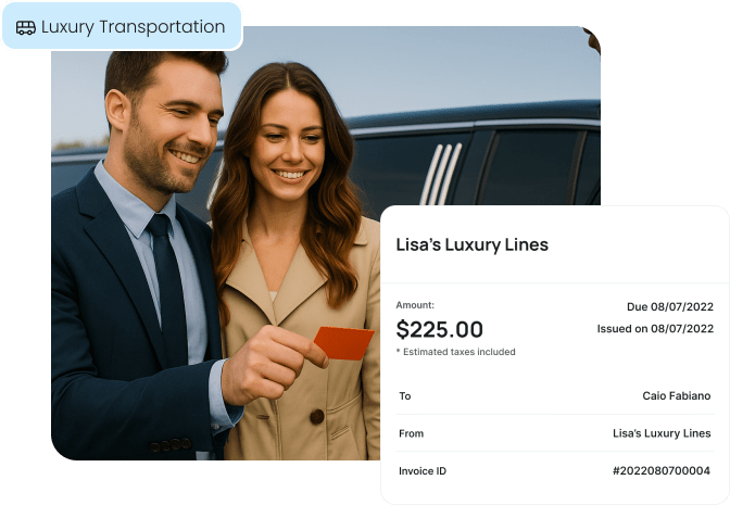 A professional digital invoice for a luxury transportation service, shown with a chauffeur and client, illustrating the platform's invoicing capabilities for this industry.