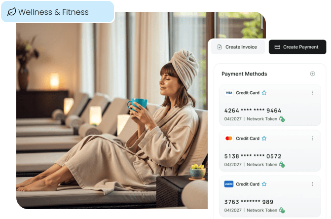A relaxed client at a wellness center, with an overlay showing how stored payment methods can be used for recurring invoices and membership billing.