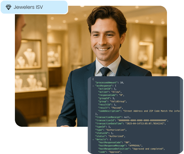 A professional in a jewelry store, with an overlay of a clean API response, illustrating our seamless payment integration for Jewelers ISV partners.