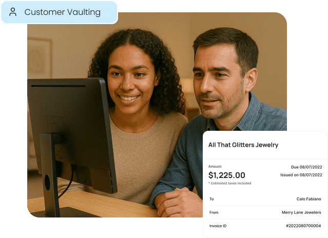 A couple, representing repeat clients, reviews an invoice from their jeweler, illustrating how Customer Vaulting simplifies future purchases and payment plans.