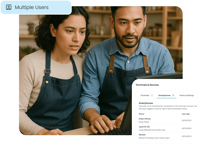 Business owners manage their team's devices, illustrating the multiple-user feature for fleets.