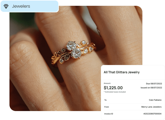 A close-up of a diamond ring, with a digital invoice overlay, illustrating how jewelers can use mobile payment solutions for sales at trade shows or client homes.