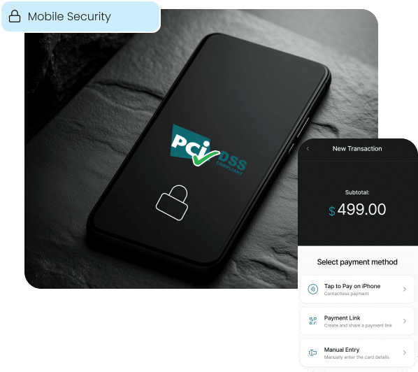 A smartphone screen displays the PCI DSS Compliant logo and a lock icon, symbolizing the advanced security built into our mobile payments platform.