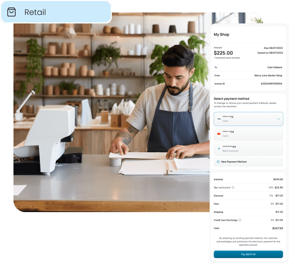 A retail employee works at the counter while a mobile payment screen overlay shows a customer checkout, illustrating mobile POS solutions for retail stores.