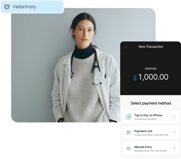 A veterinarian is shown with a mobile payment app, illustrating how features like Payment Links and Tap to Pay on iPhone are used in veterinary practices.