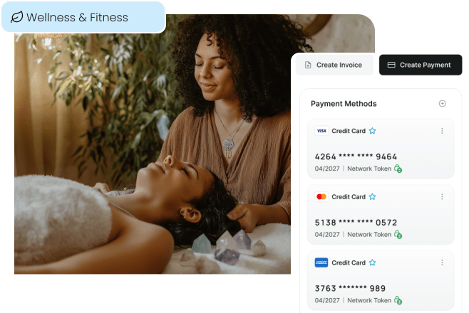 A mobile app displays a client's securely stored payment methods, illustrating how mobile payment solutions handle memberships and appointments for wellness businesses.