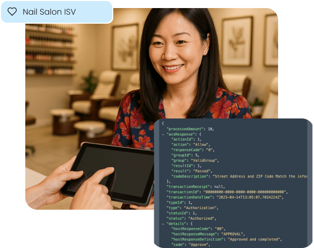 A salon owner uses a tablet-based management system, with an overlay of a clean API response, illustrating our seamless payment integration for Nail Salon ISV partners.