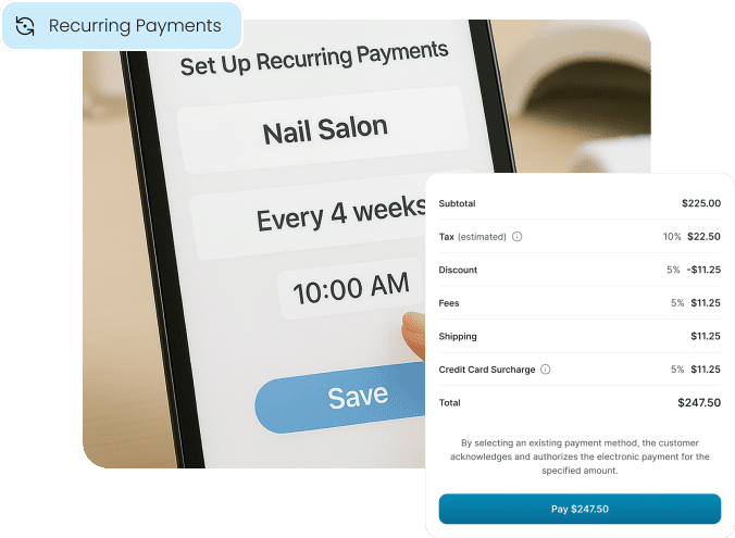 A customer sets up recurring payments on their phone for a nail salon appointment, illustrating the automated billing feature for memberships and repeat clients.
