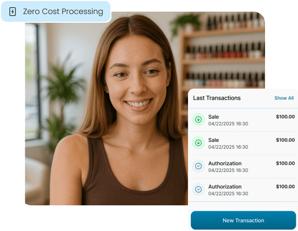A smiling nail salon owner, representing how merchants can use Zero Cost Processing to eliminate credit card fees and increase their profits.