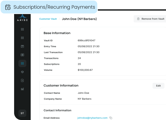 The ARISE platform's Customer Vault, showing a customer profile with active subscriptions to illustrate the platform's recurring payments capabilities.