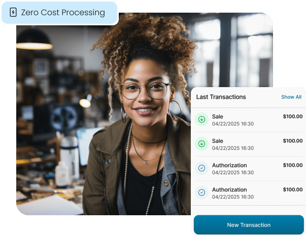 A smiling business owner, illustrating how the payment platform's Zero Cost Processing feature helps merchants eliminate credit card fees.